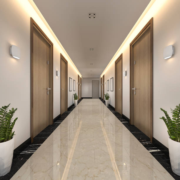 3d rendering modern luxury wood and tile hotel corridor 3d rendering interior and exterior design recessed light stock pictures, royalty-free photos & images