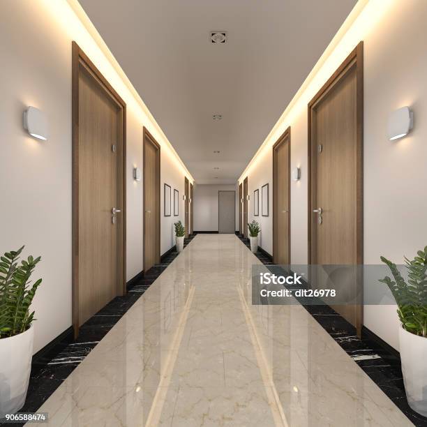 3d Rendering Modern Luxury Wood And Tile Hotel Corridor Stock Photo - Download Image Now