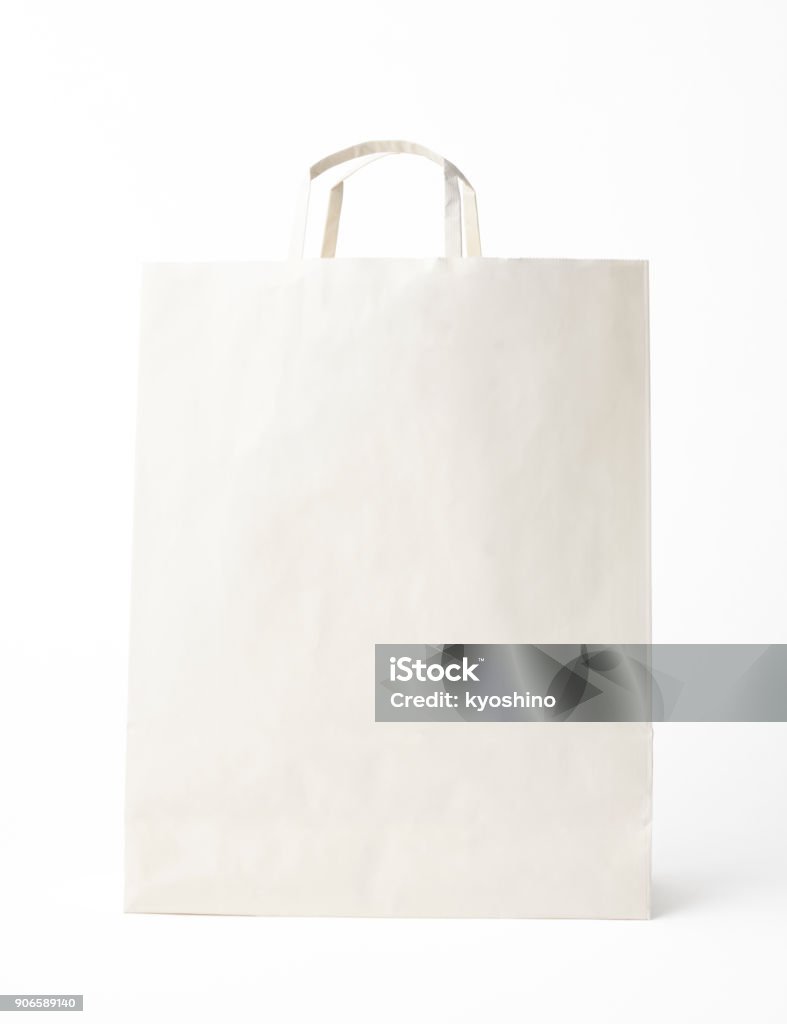 絶縁ショットのブランク白い背景の上のショッピングバッグ、白 - 紙袋のロイヤリティフリーストックフォト