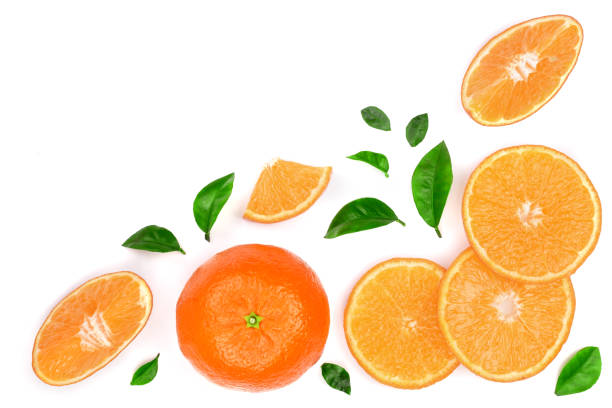istock orange or tangerine with leaves isolated on white background with copy space for your text. Flat lay, top view 906591272