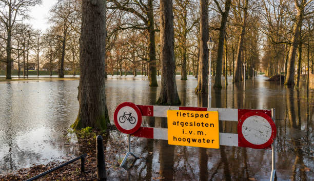 Deventer Flood Park Worp Deventer, The Netherlands - January 8, 2018: Flood in Deventer at the river IJssel in Gelderland with the flooded park Worp. deventer photos stock pictures, royalty-free photos & images
