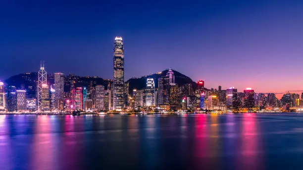 Photo of Victoria Harbor of Hong Kong at twilight