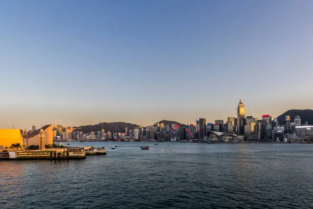 Photo of Victoria Harbor of Hong Kong at twilight