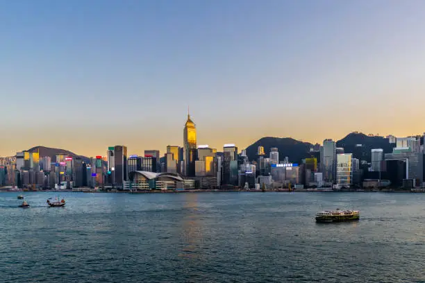 Photo of Victoria Harbor of Hong Kong at twilight