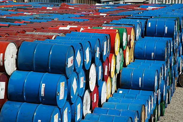 istock Multicolored stacked barrels all in a row 90662861