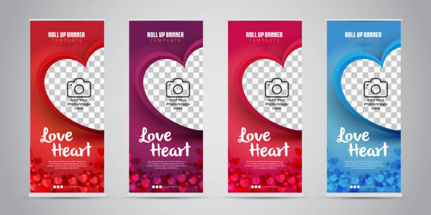 Love Heart Business Roll Up Banner with 4 Variant Colors (Red, Purple, Pink/Magenta, Blue). Vector Illustration. vector art illustration