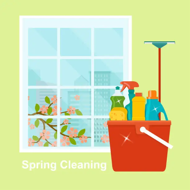 Vector illustration of Cleaning service.Spring Cleaning and Domestic Tools . Vector flat illustration