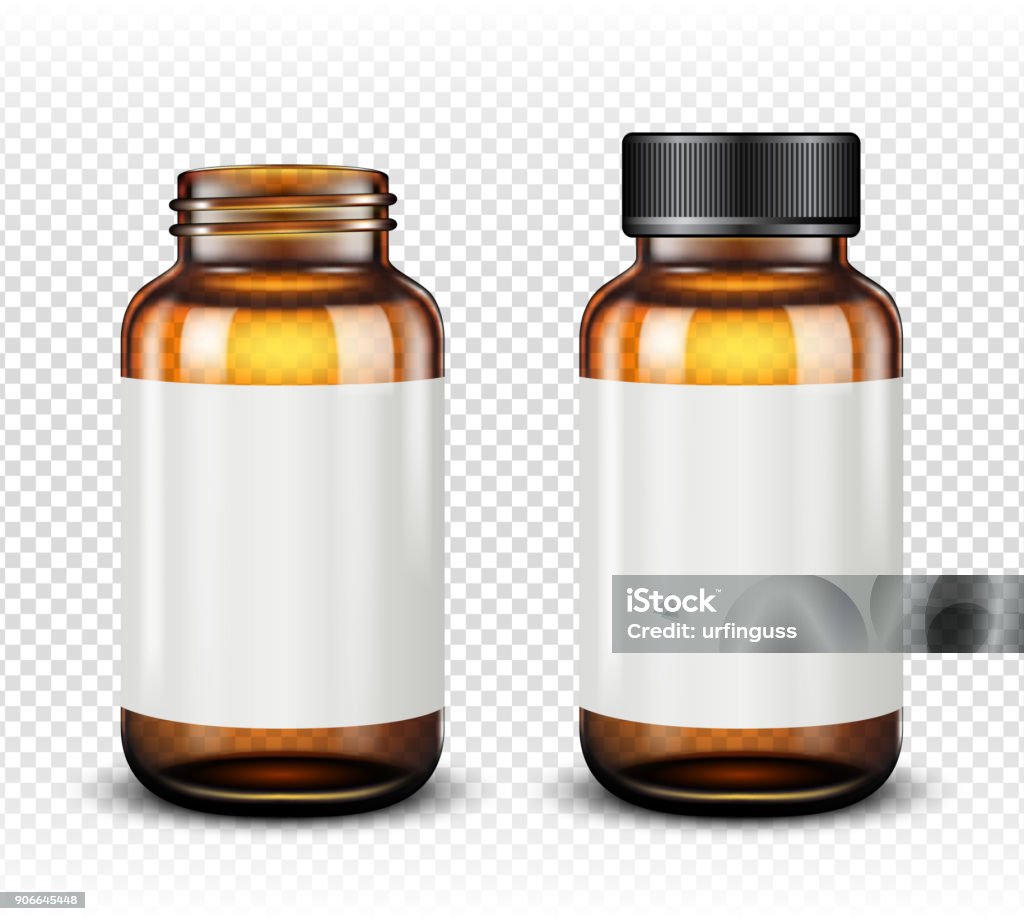 Botella de vidrio marrón aislada sobre fondo transparente de la medicina - arte vectorial de Botella libre de derechos