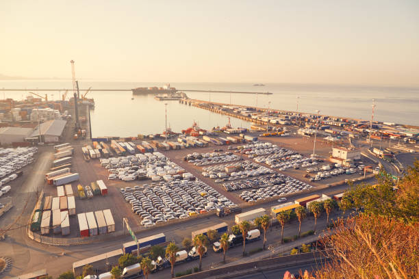 Port terminal in sunrise time stock photo