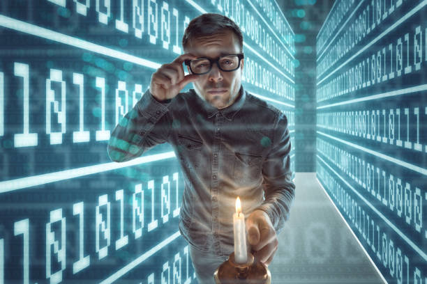 Nerd gets lost in cyberspace Computer Nerd with glasses and a candle in one hand is walking through a maze with walls made out of binary code. debug stock pictures, royalty-free photos & images