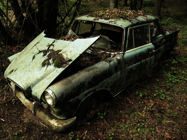 An old sixties era 4x4 sport utility vehicle is broken and abandoned.