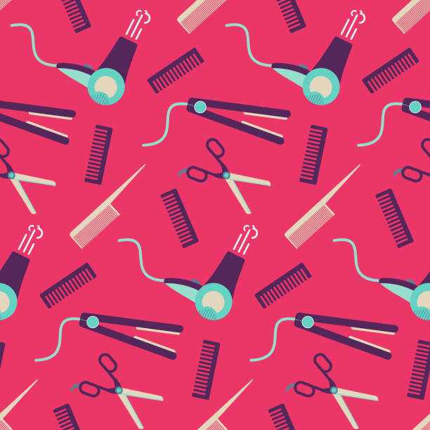 미용 장비와 귀여운 플랫 패턴 - beauty spa human hair scissors hair dryer stock illustrations