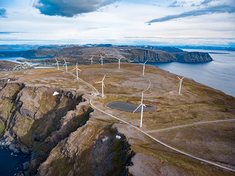 Windmills for electric power production. Arctic View, Havoysund, Northern Norway aerial photography.