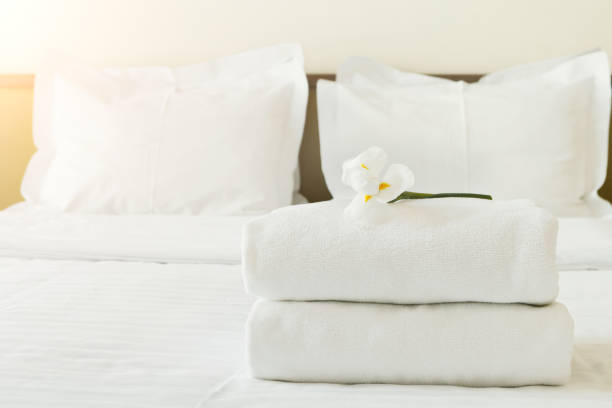 istock Stack of towels and flower on bed in hotel room 906661544