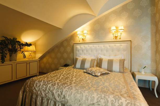 istock Interior of double bed hotel bedroom 906662022