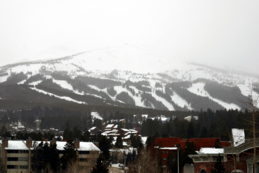 The ski runs and town at Breckenridge on a snowy day.