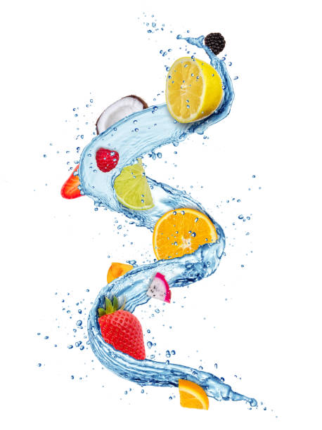istock Pieces of fresh fruit in water splashes isolated on white background 906691816