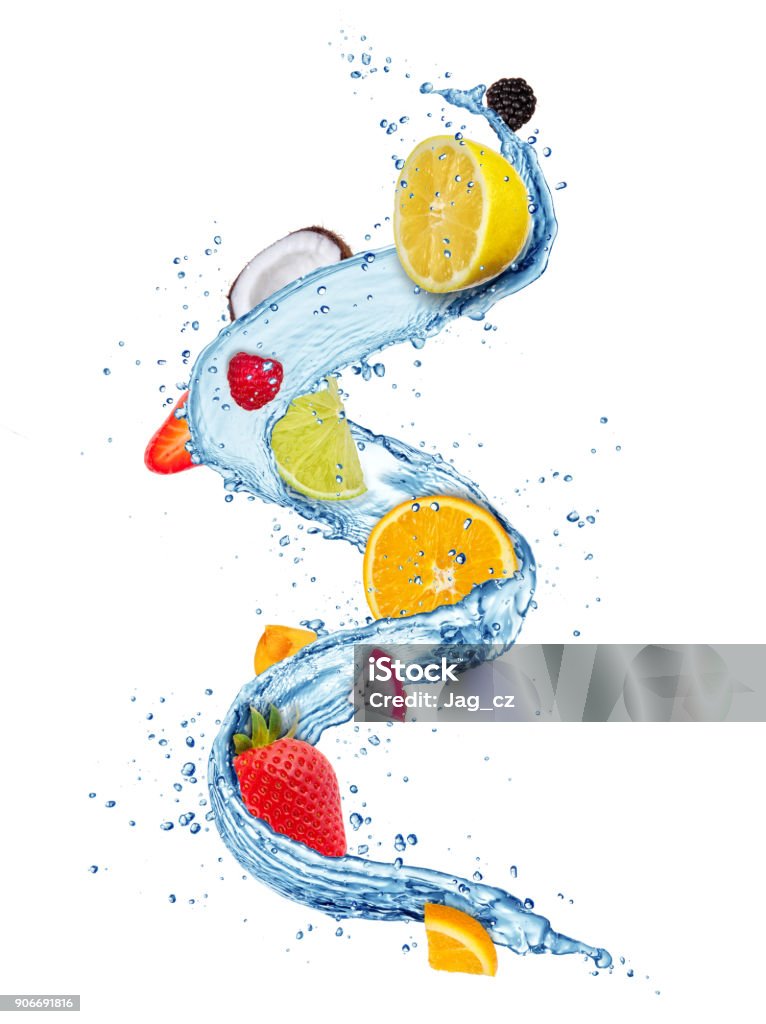 Pieces of fresh fruit in water splashes isolated on white background Pieces of fresh fruit in water splashes. Fresh drink concept. High resolution image isolated on white background Fruit Stock Photo