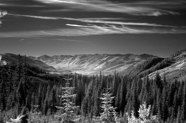 Black and white photo of mountains. The sky is gray.