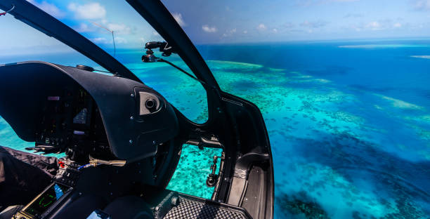 Helicopter over the Great Barrier Reef in Queensland, Australia.