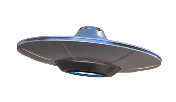 UFO - alien spaceship isolated on white background. 3D rendered illustration. stock photo