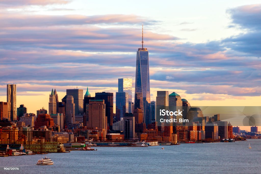 New York City Skyline New York City, Midtown Manhattan skyline in sunset light, view over Hudson River World Financial Center - New York City Stock Photo