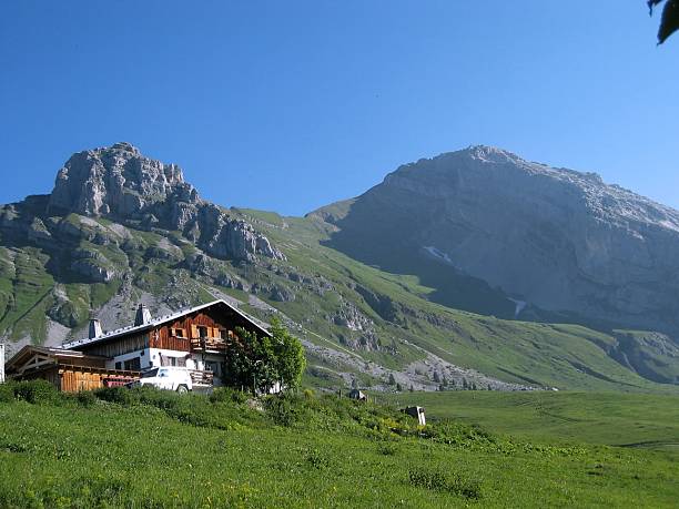 view of Mont-Blanc at the blue sky in summer, French Alps