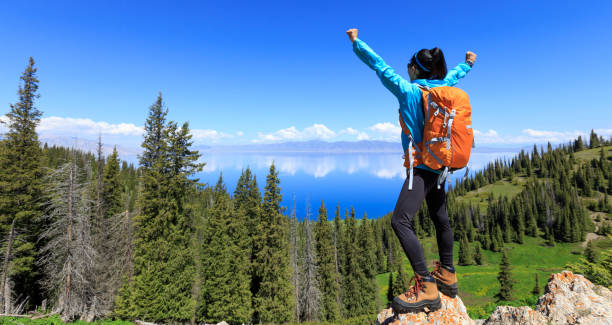 istock successful Hiker outstretched arms on mountain top 906726774