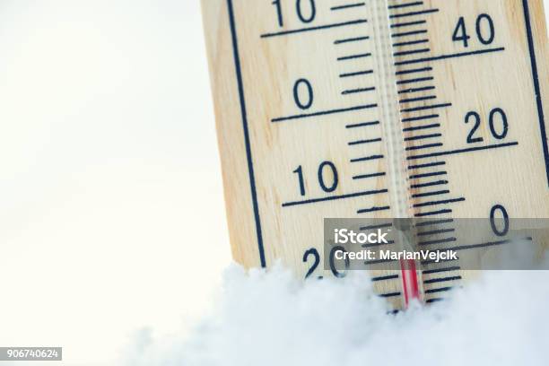 Il Termometro Sulla Neve Mostra Basse Temperature Sotto Lo Zero Basse Temperature In Gradi Celsius E Fahrenheit Freddo Inverno Venti Sotto Zero - Fotografie stock e altre immagini di Acqua ghiacciata