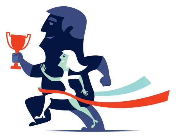 Vector illustration of winning couple running with trophy