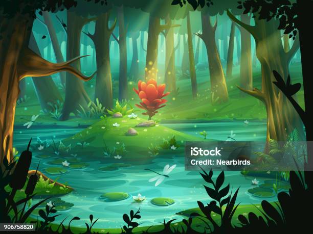 The Scarlet Flower On An Island In A Swamp In The Forest Stock Illustration - Download Image Now