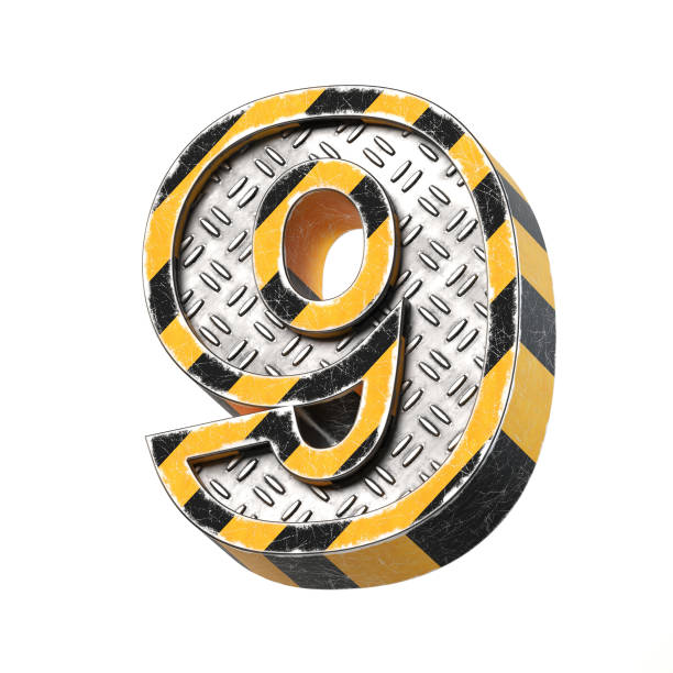 istock Industrial black and yellow striped metallic font, 3d rendering, number 9 906761212