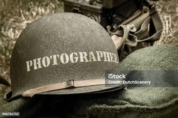 Old Helmet Of A War Photographer Stock Photo - Download Image Now - Journalist, War, World War II