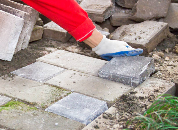 istock Workers build urban floor tiles, close-up 906764958