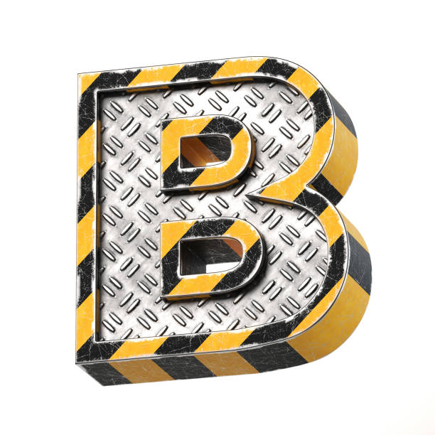 Industrial black and yellow striped metallic font, 3d rendering, letter B
