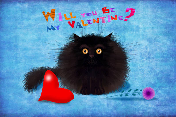 A nice valentine's card: a fluffy black cat with wonderful eyes sitting next to a red heart and a flower on the blue background.