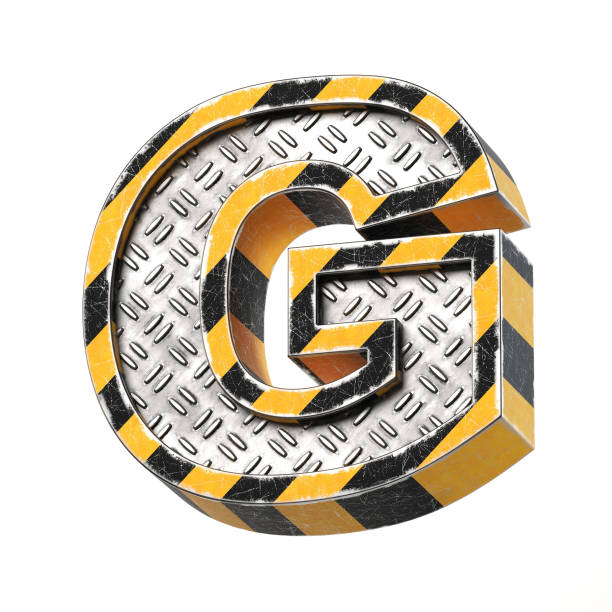 Industrial black and yellow striped metallic font, 3d rendering, letter G