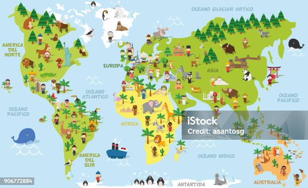 Ilustración de Mapa Del Mundo De Dibujos Animados Divertidos Con Niños De Diferentes Nacionalidades Animales Y Monumentos De Todos Los Continentes Y Océanos Nombres En Español Ilustración De Vector De Diseño Niños Y Educación Preescolar y más Vectores Libres de Derechos de Mapa mundial