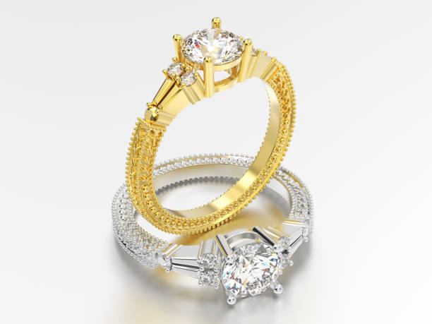 istock 3D illustration two yellow and white gold or silver decorative diamond ring with ornament 906773006