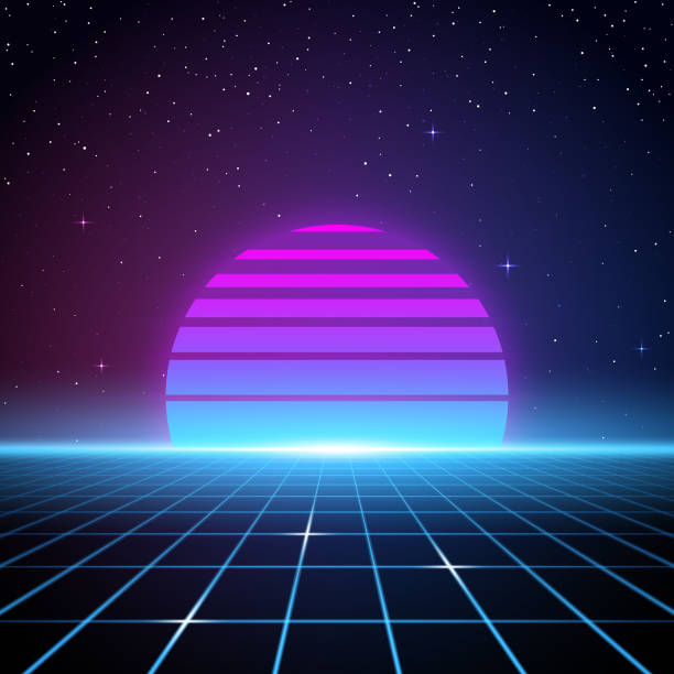 Retro 80s Background A retro-futuristic style background, emulating science fiction movies from the 1980s. Glowing grid lines flow up towards a retro striped sun or planet looming on the horizon beneath the stars and night sky. With the current revival of 80s design styles, this is an ideal design element for your 80s themed party, poster or design project. All elements of this vector illustration are grouped onto clearly labelled layers within the EPS10 file making it easy for you to edit and customize to suit your needs. nostalgia illustrations stock illustrations
