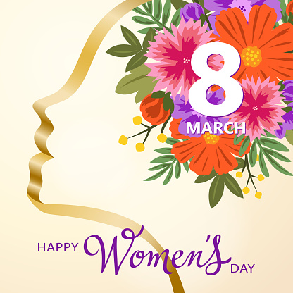 Gold colored ribbon forming a woman's head to celebrate the International Women's Day on 8th March with colorful flowers