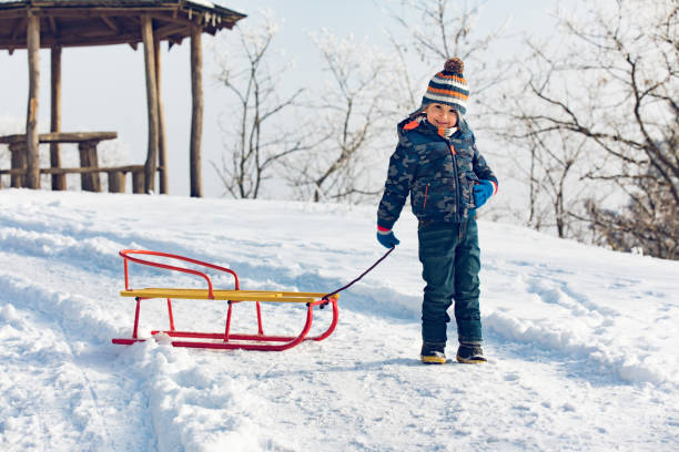 istock Little boy having fun with sledge on winter day 906782874