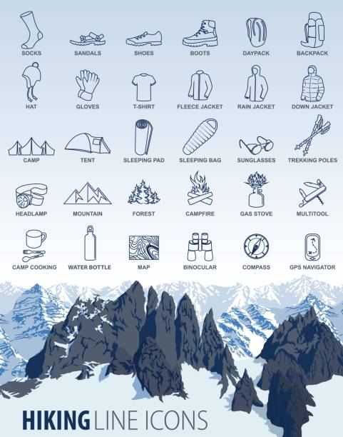 illustrazioni stock, clip art, cartoni animati e icone di tendenza di set vettoriale di viaggi in campeggio da trekking in linea sottile icone con sfondo montagne - outdoor equipment