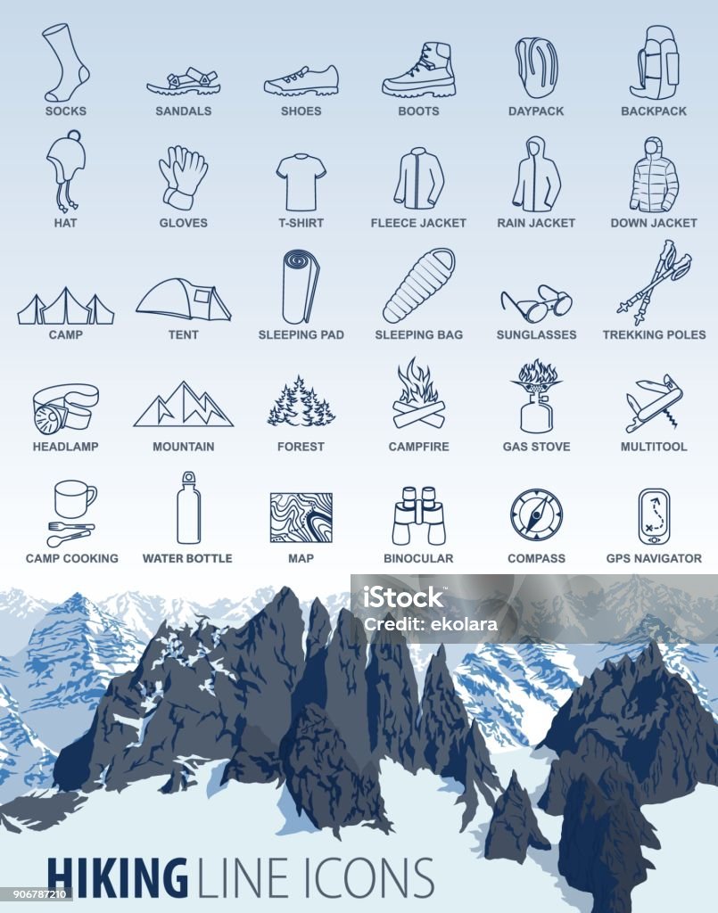 vector set of thin line hiking camping travel Icons with mountains background Hiking stock vector