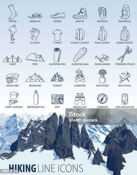 Vector Set Of Thin Line Hiking Camping Travel Icons With Mountains Background Stock Illustration - Download Image Now