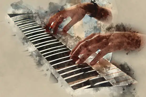 Photo of Abstract beautiful hand playing keyboard of the piano foreground Watercolor painting background and Digital illustration brush to art.