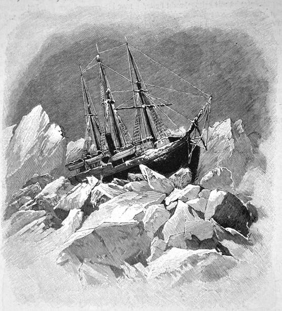 illustrazioni stock, clip art, cartoni animati e icone di tendenza di barca a vela tra le montagne di ghiaccio - 1896 - 1896
