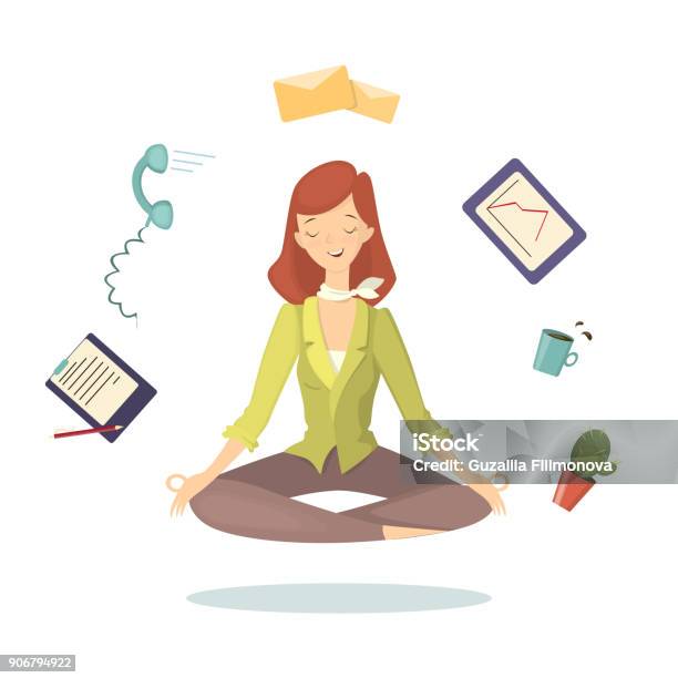 Meditation At Work Stock Illustration - Download Image Now - Relaxation, Meditating, Women