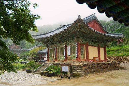 Incheon, Korea - September 01, 2008: Exterior of the Jeondeungsa temple buildings on a rainy day in Incheon, Korea.