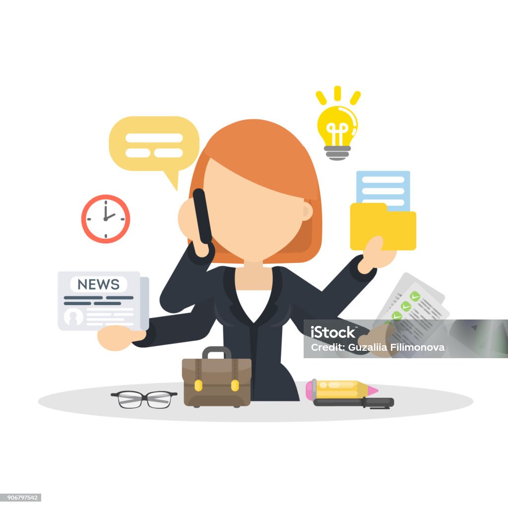 Businesswoman multitasking at work place. Businesswoman multitasking at work place. Six hands. Multi-Tasking stock vector